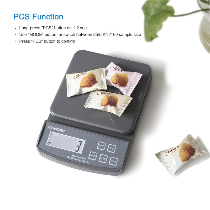 CCWEIGH Postal Scales 26lbs/0.03oz High Precision Food Scale for Kitchen with Hold,Tare and PCS,Portable Shipping Scale for Packages, Small Kitchen Business,Jewelry,Batteries Included （Grey26lbs/1kg） - Image 5